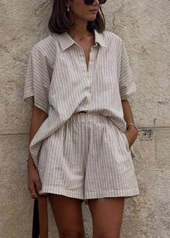 Two Peter Collar Set Short Shorts Shirts Khaki Pan And Striped Sleeve Pieces Loose