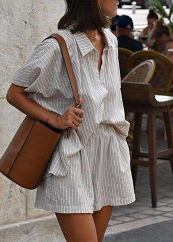 Peter Khaki Pieces Collar Loose Shirts Pan Two Shorts Striped And