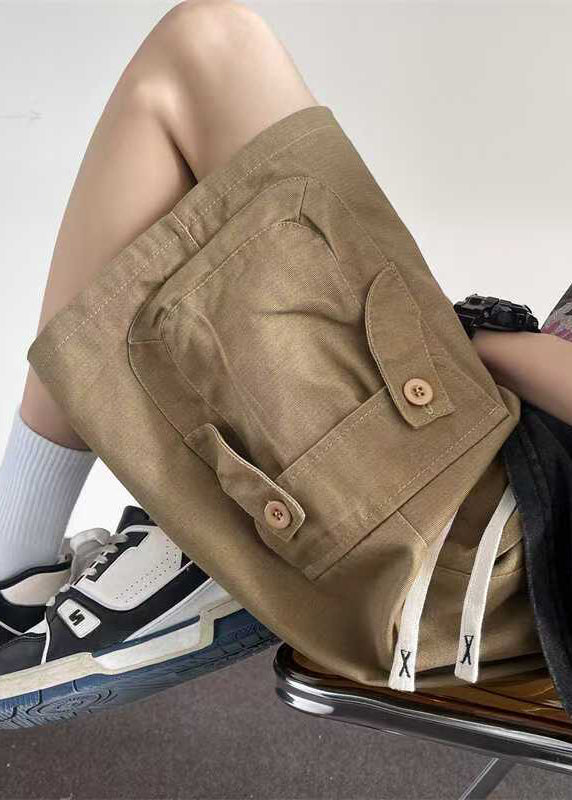 Shorts Cotton Khaki Summer Men Button Loose Drawstring Pockets