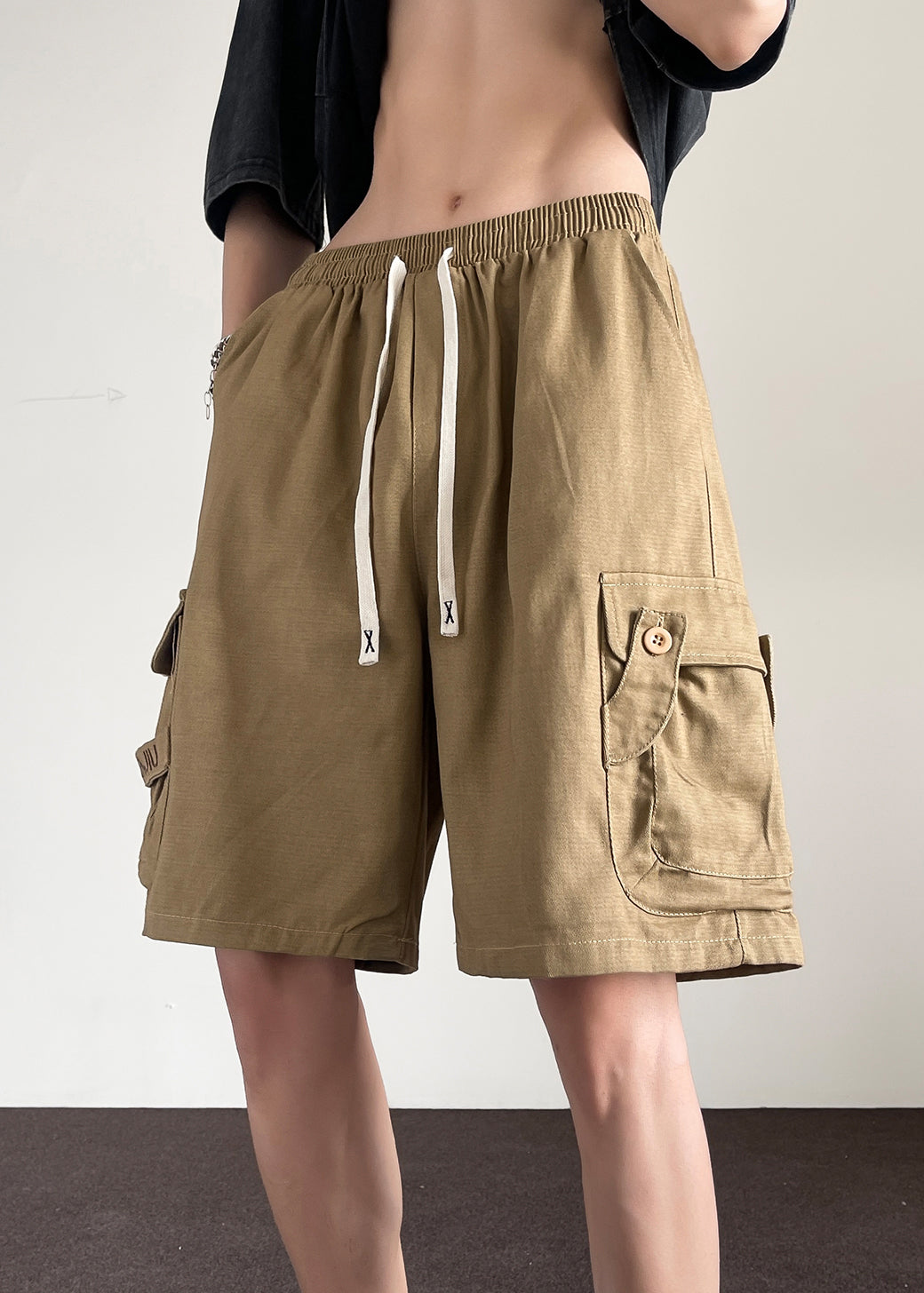 Shorts Cotton Khaki Summer Men Button Loose Drawstring Pockets
