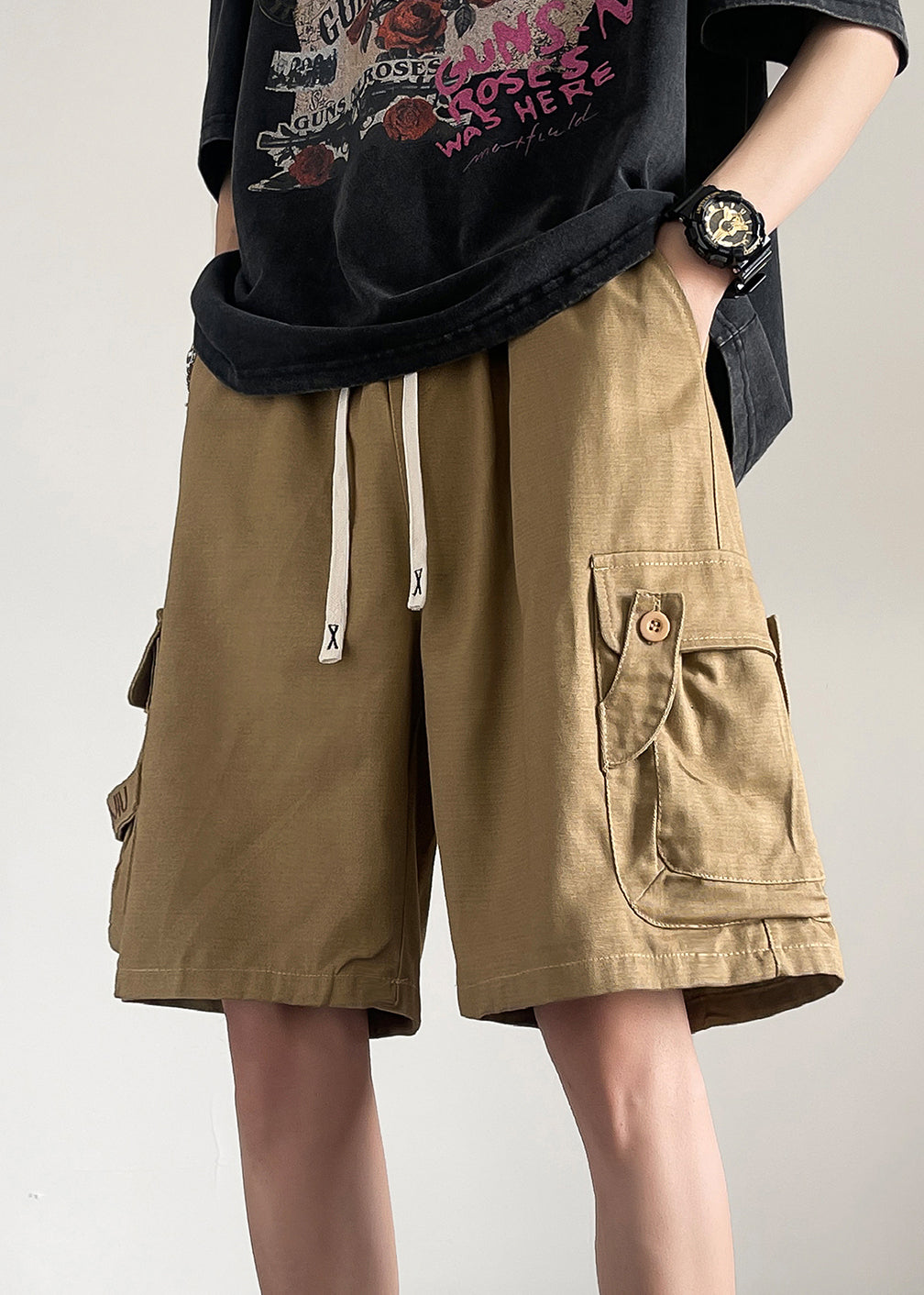 Shorts Cotton Khaki Summer Men Button Loose Drawstring Pockets