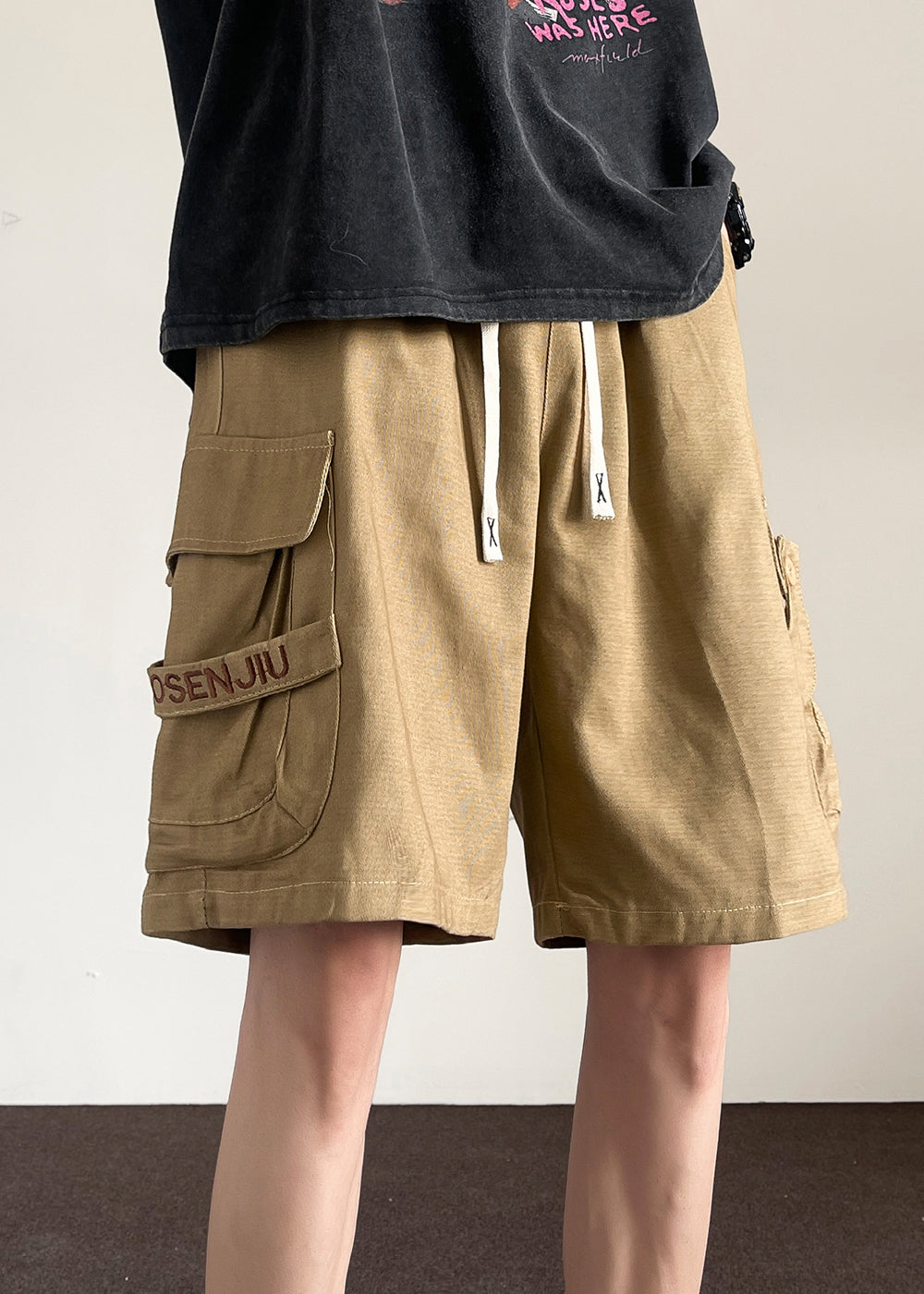 Shorts Cotton Khaki Summer Men Button Loose Drawstring Pockets