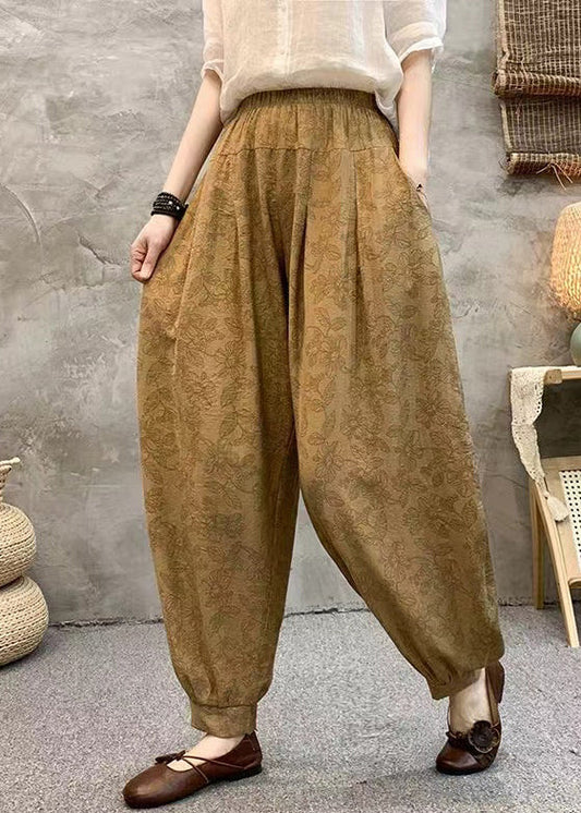 Lockere Khaki-Taschen Elastische Taille Baumwoll-Crop-Hose Sommer SS006