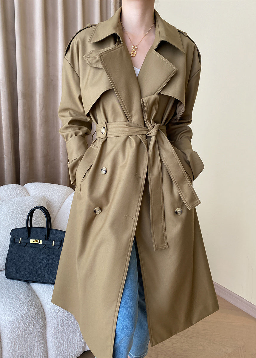 Loose Khaki Pockets Tie Waist Cotton Trench Coat Long Sleeve