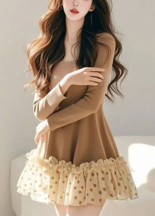 Patchwork Khaki Dot Tulle Loose Dress Spring Ruffled Mid