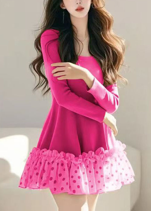 Patchwork Khaki Dot Tulle Loose Dress Spring Ruffled Mid