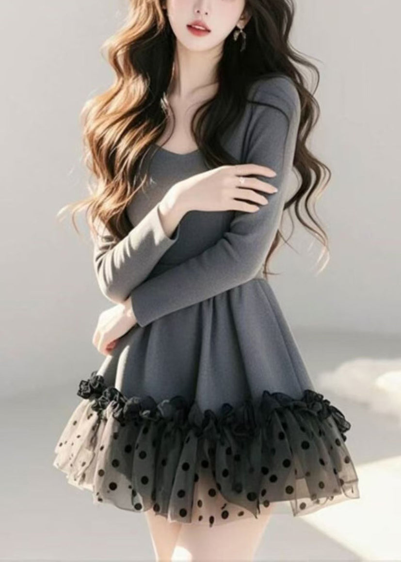 Patchwork Khaki Dot Tulle Loose Dress Spring Ruffled Mid