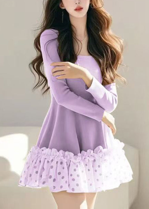 Patchwork Khaki Dot Tulle Loose Dress Spring Ruffled Mid