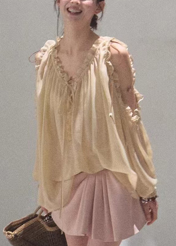 Chiffon Loose Up Khaki Fall Ruffled Lace Shirts