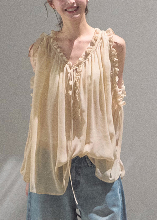 Chiffon Loose Up Khaki Fall Ruffled Lace Shirts