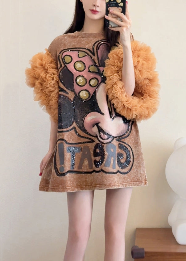 Summer Shirts Patchwork Loose Khaki Dresses Tulle Ruffled T