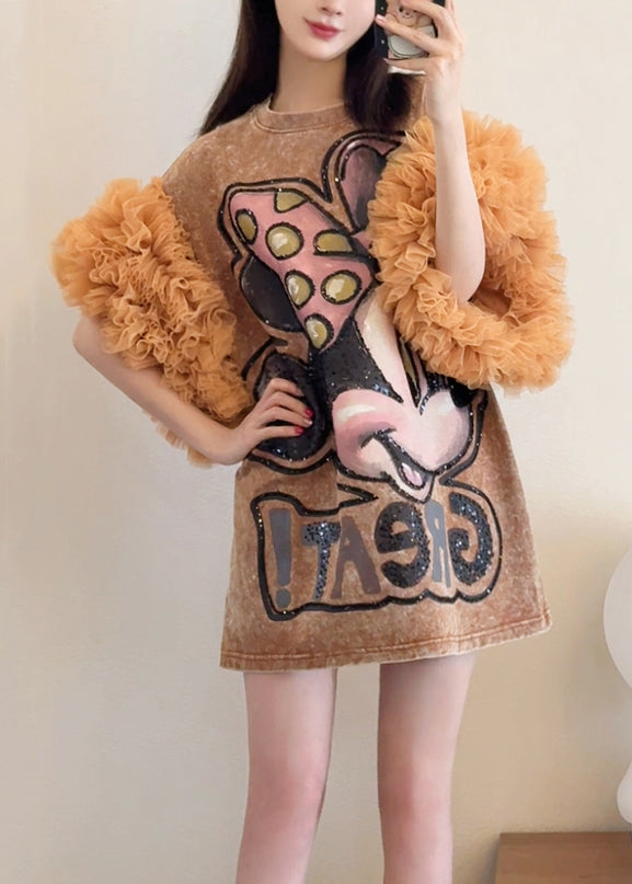 Summer Shirts Patchwork Loose Khaki Dresses Tulle Ruffled T