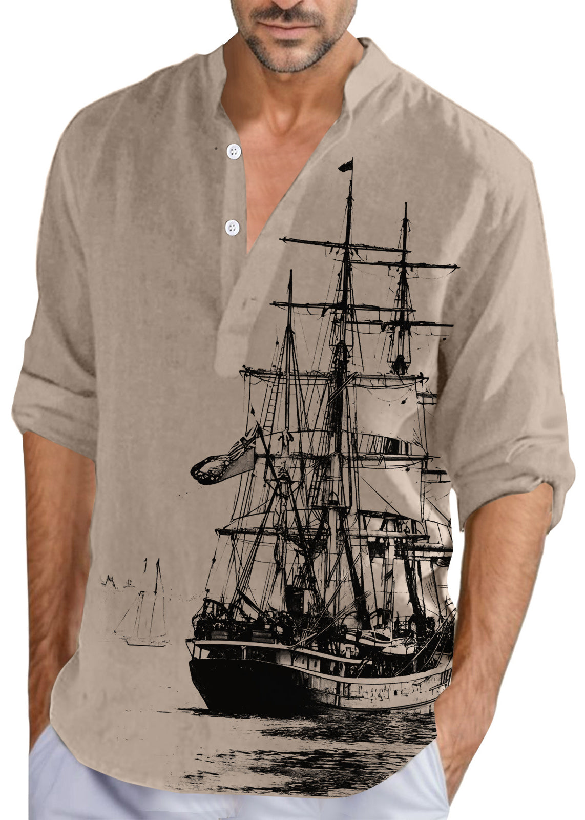 Print Collar Khaki Loose Fall Men Cotton Stand Button Shirts