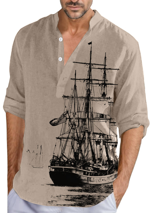 Print Collar Khaki Loose Fall Men Cotton Stand Button Shirts