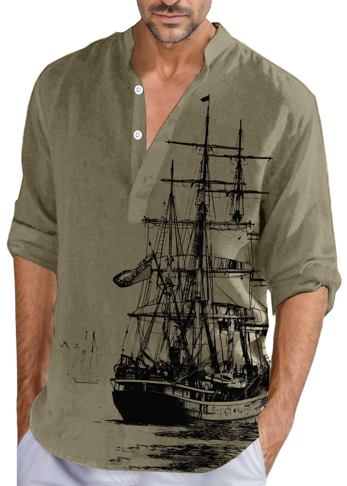 Print Collar Khaki Loose Fall Men Cotton Stand Button Shirts