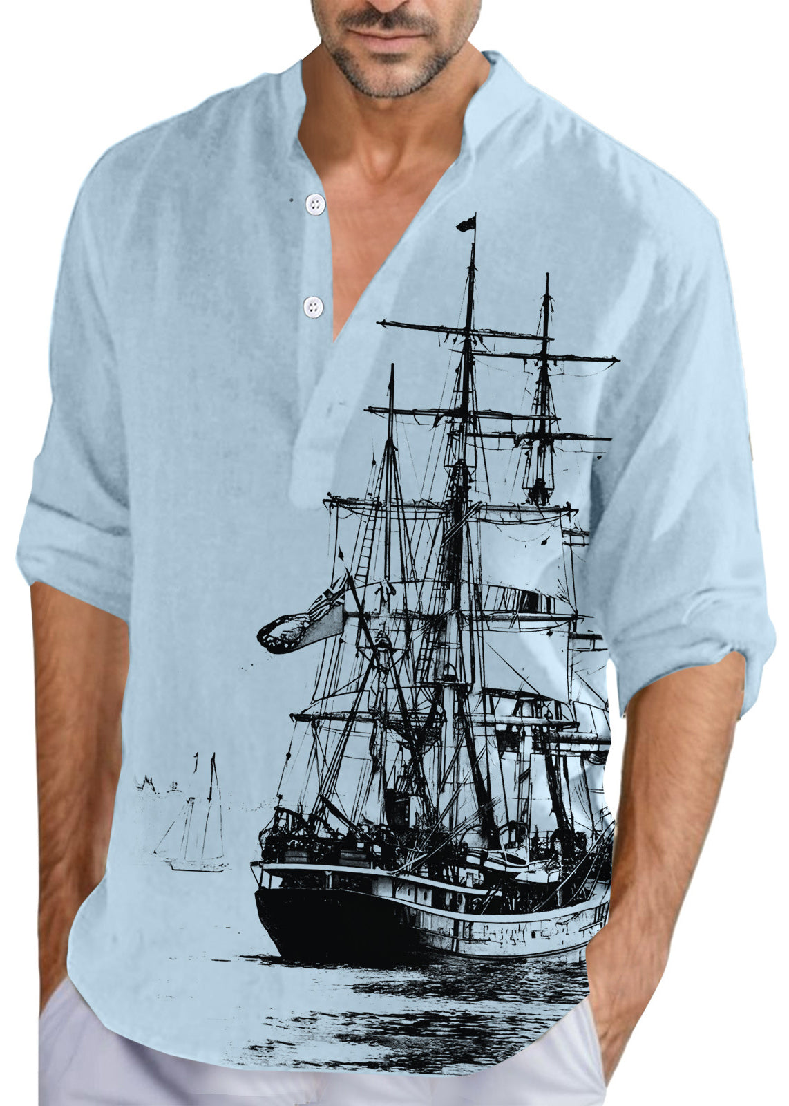 Print Collar Khaki Loose Fall Men Cotton Stand Button Shirts