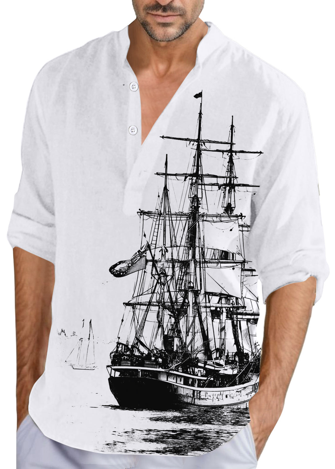 Print Collar Khaki Loose Fall Men Cotton Stand Button Shirts