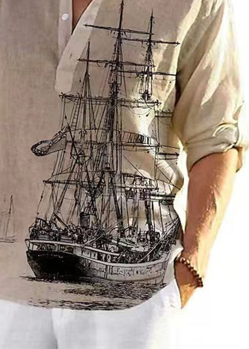 Print Collar Khaki Loose Fall Men Cotton Stand Button Shirts