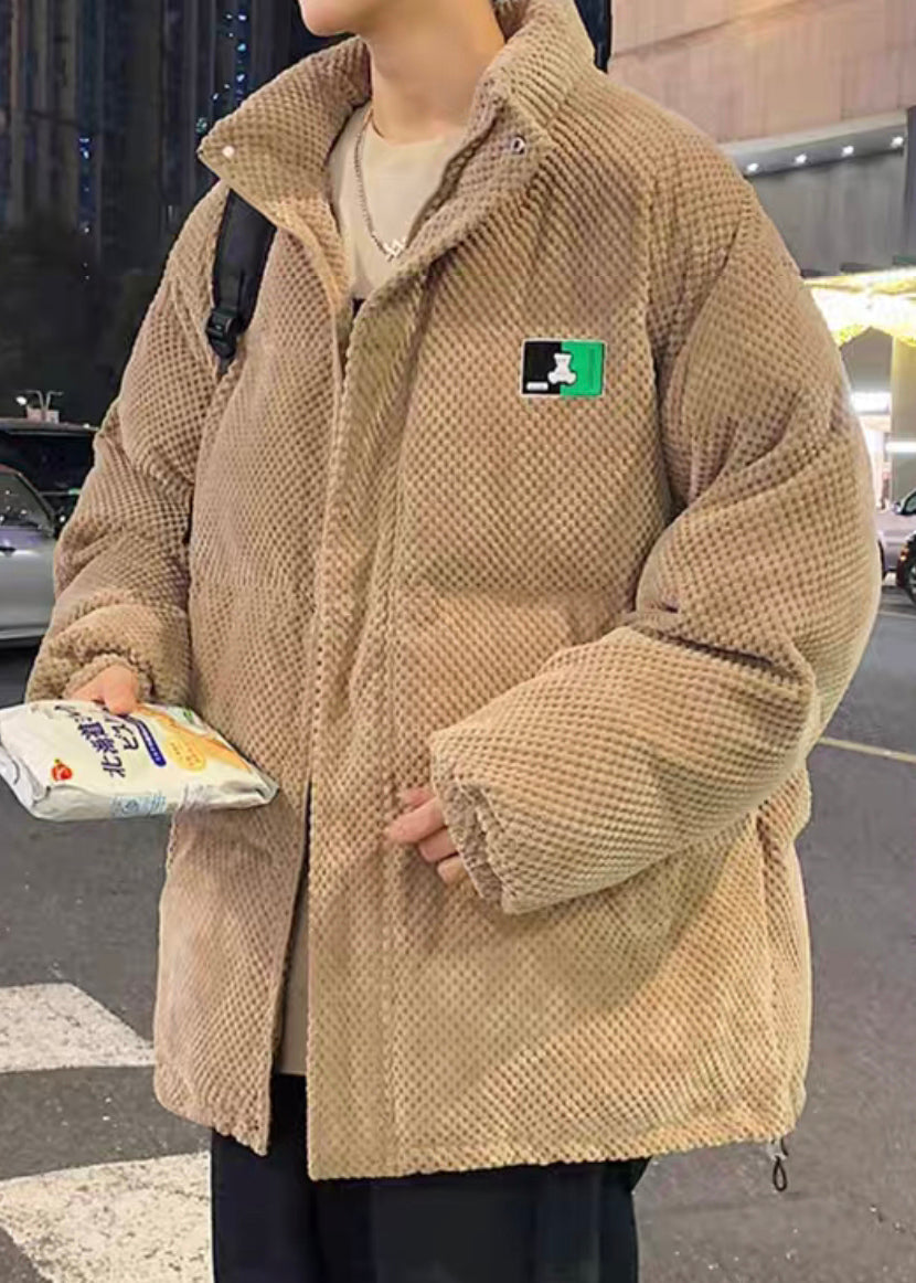 Loose Khaki Stand Collar Zip Up Pockets Men Parka Winter RM010