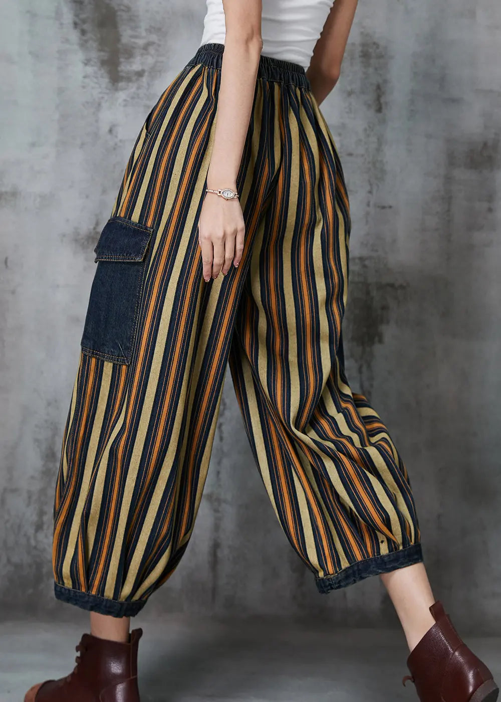 Loose Khaki Striped Patchwork Pockets Denim Pants Spring Ada Fashion