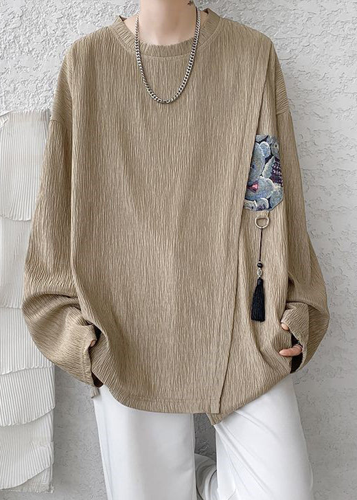 Loose Solid Men Shirts Khaki T Cotton Spring Tasseled