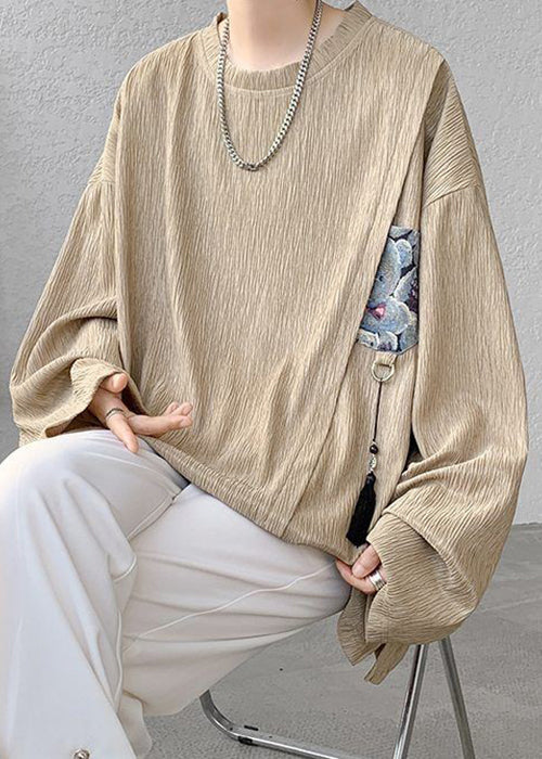 Loose Solid Men Shirts Khaki T Cotton Spring Tasseled