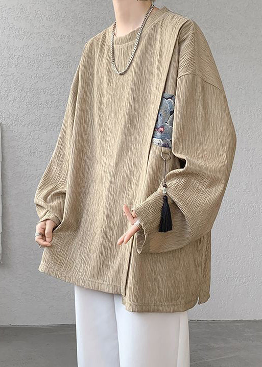 Loose Solid Men Shirts Khaki T Cotton Spring Tasseled