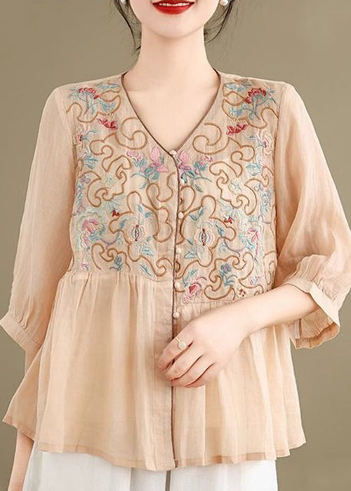 Linen Shirt Loose Khaki V Neck Fall Embroidered