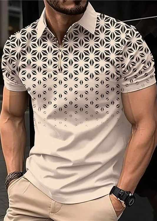 Zip Mens Loose Summer Polo Cotton Print Shirts Up Khaki