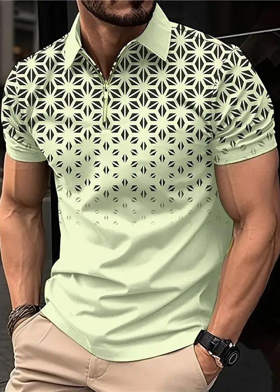 Zip Mens Loose Summer Polo Cotton Print Shirts Up Khaki