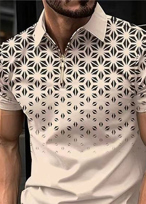 Zip Mens Loose Summer Polo Cotton Print Shirts Up Khaki