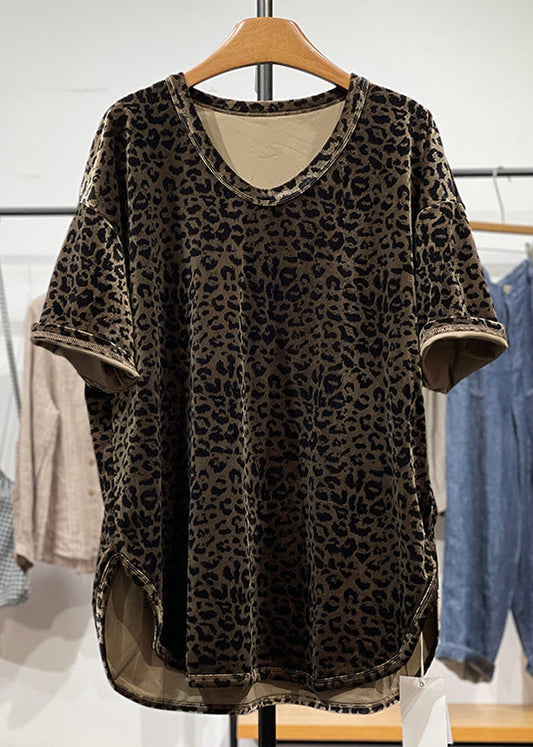 Open Loose Side T Neck Velour Summer Silk Leopard Shirt O