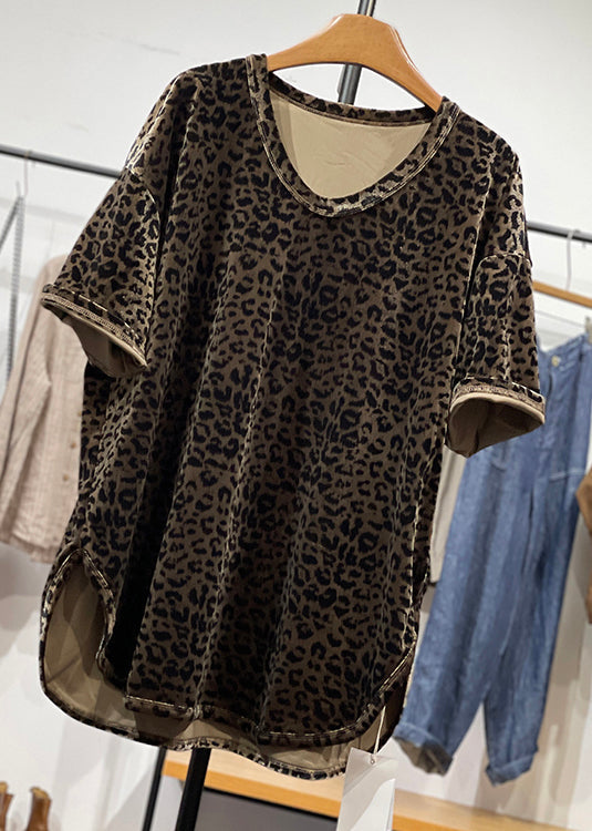 Open Loose Side T Neck Velour Summer Silk Leopard Shirt O