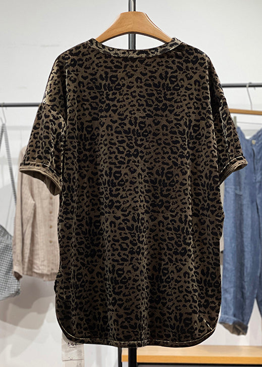 Open Loose Side T Neck Velour Summer Silk Leopard Shirt O