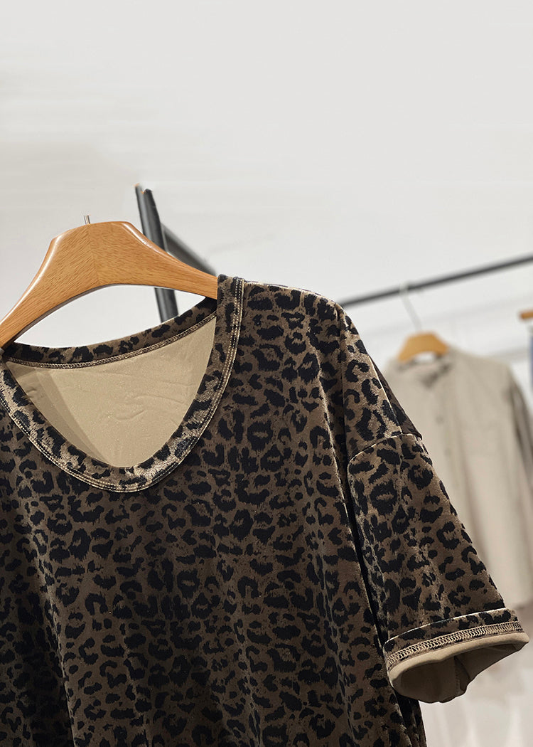 Open Loose Side T Neck Velour Summer Silk Leopard Shirt O