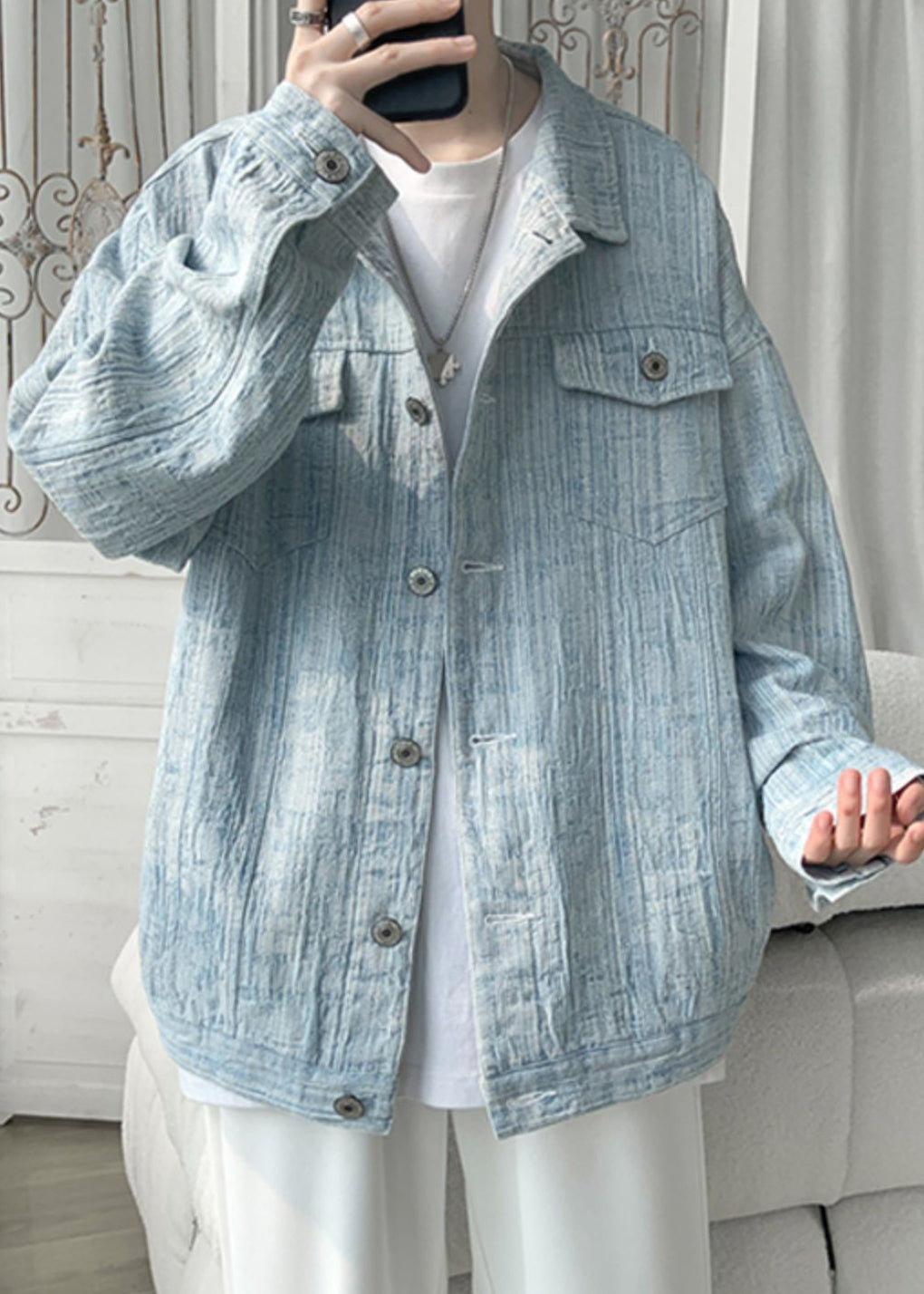 Loose Light Blue Button Pockets Denim Men Coat Fall WA032