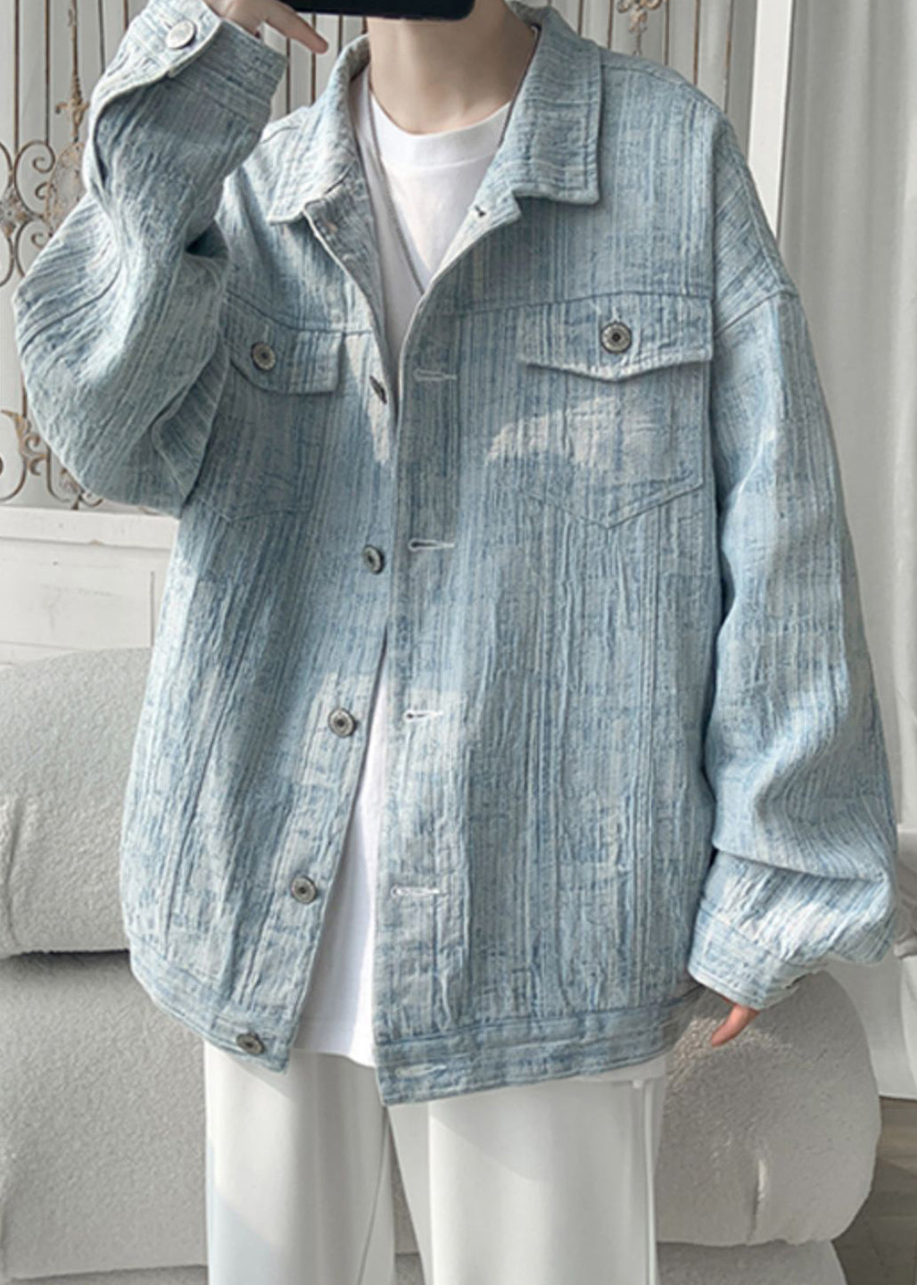 Loose Light Blue Button Pockets Denim Men Coat Fall WA032