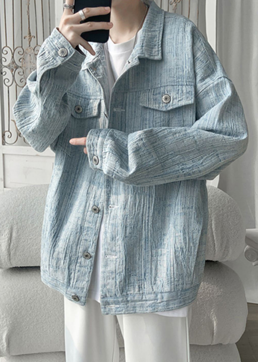 Loose Light Blue Button Pockets Denim Men Coat Fall WA032