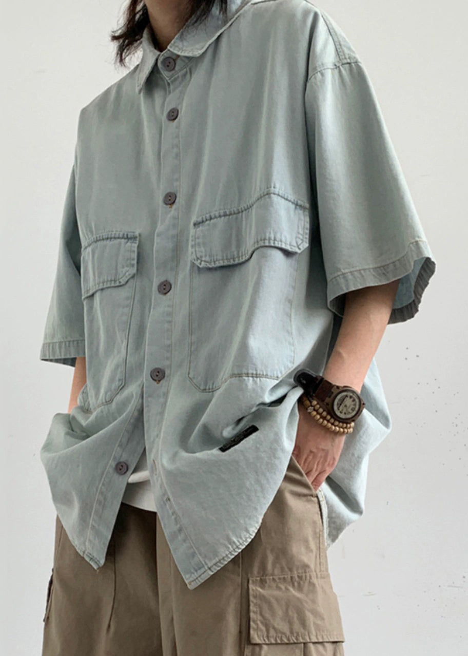 Pockets Shirts Summer Button Men's Light Loose Blue Denim