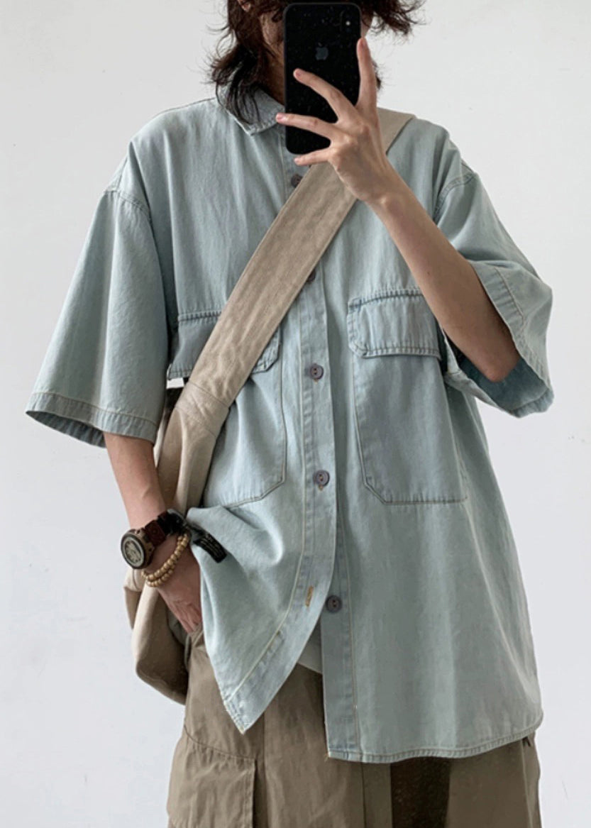 Pockets Shirts Summer Button Men's Light Loose Blue Denim