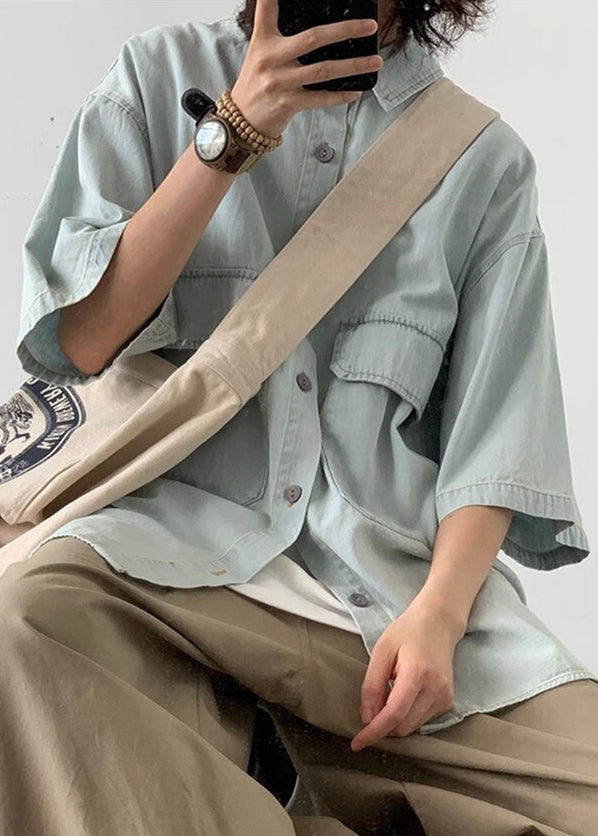 Pockets Shirts Summer Button Men's Light Loose Blue Denim