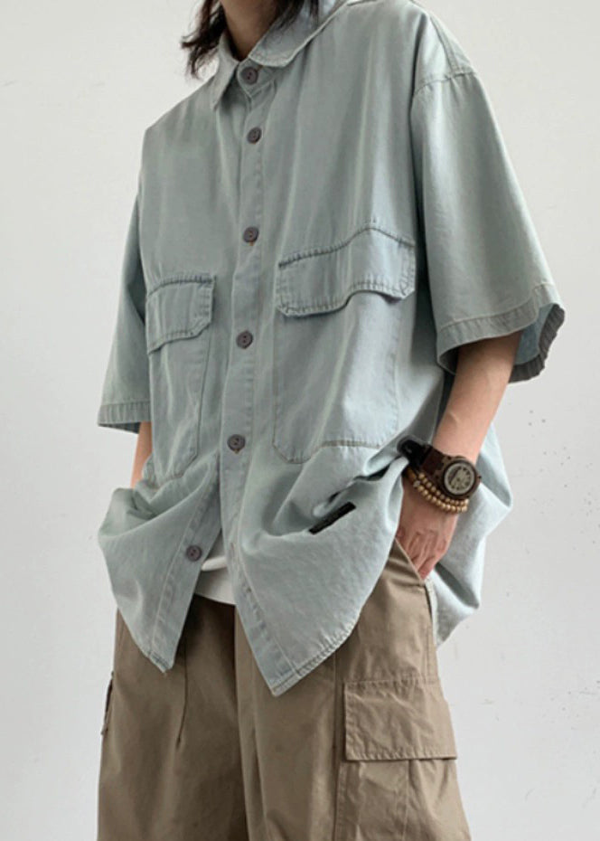 Pockets Shirts Summer Button Men's Light Loose Blue Denim