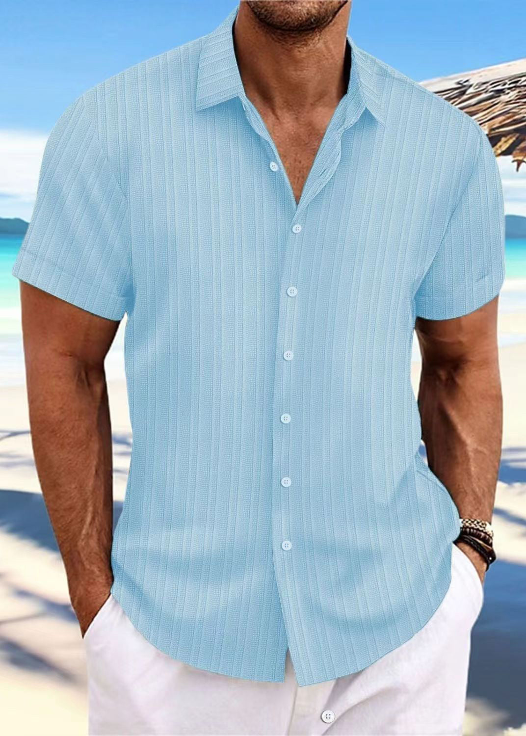 Loose Peter Men Solid Collar Shirt Blue Cotton Button Light Pan