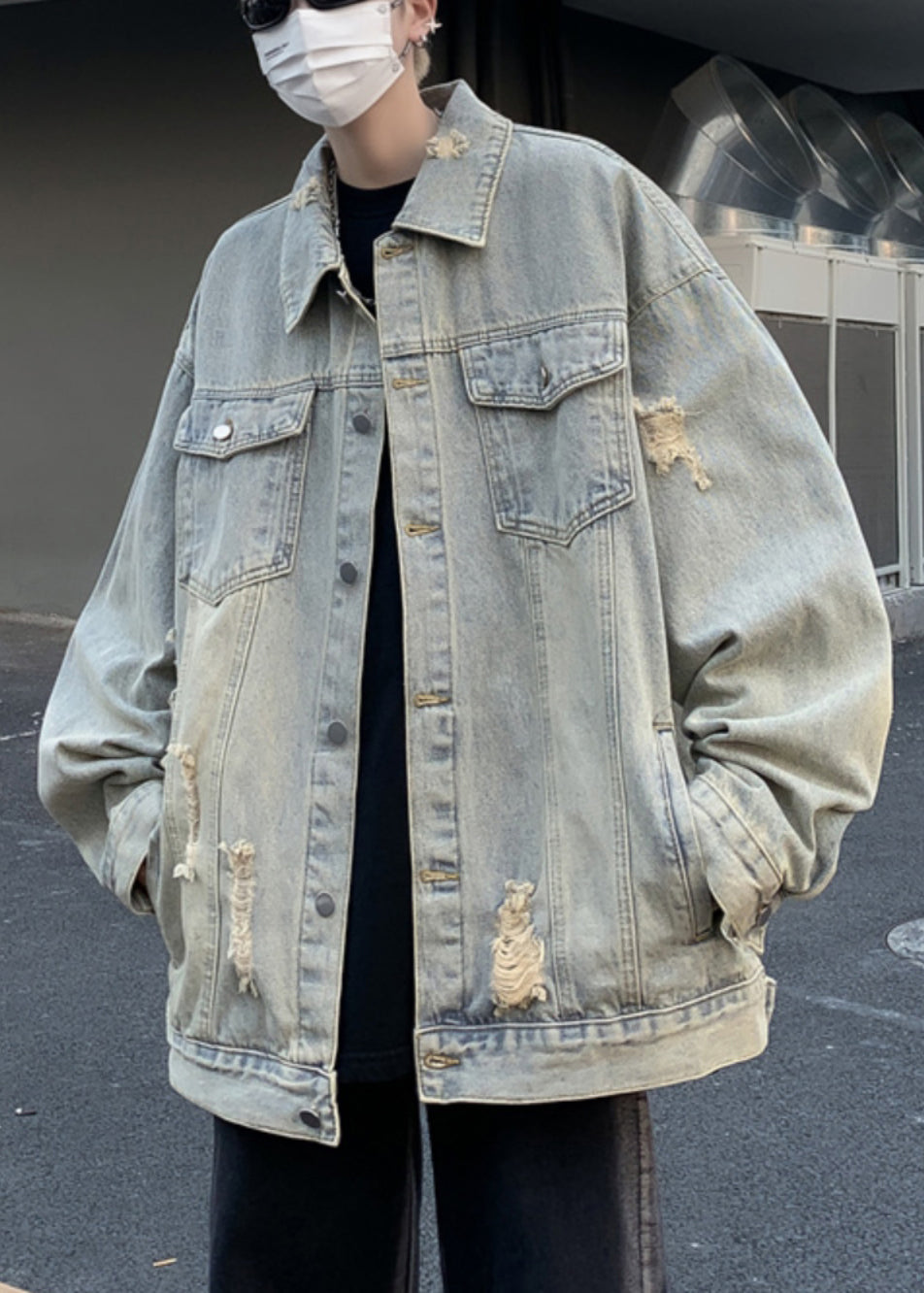 Mens Pan Collar Pockets Blue Denim Light Hole Coats Peter Loose