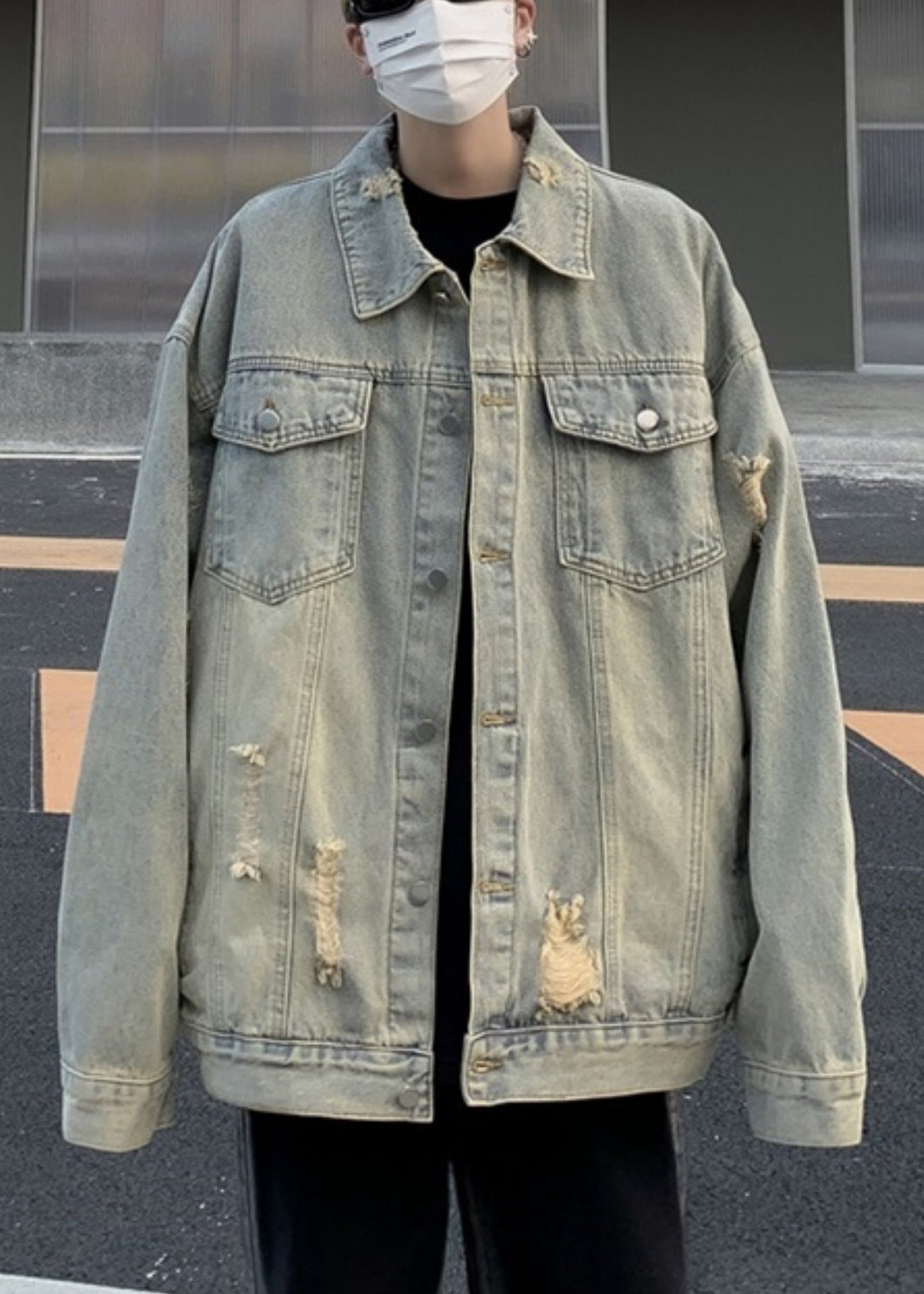 Mens Pan Collar Pockets Blue Denim Light Hole Coats Peter Loose