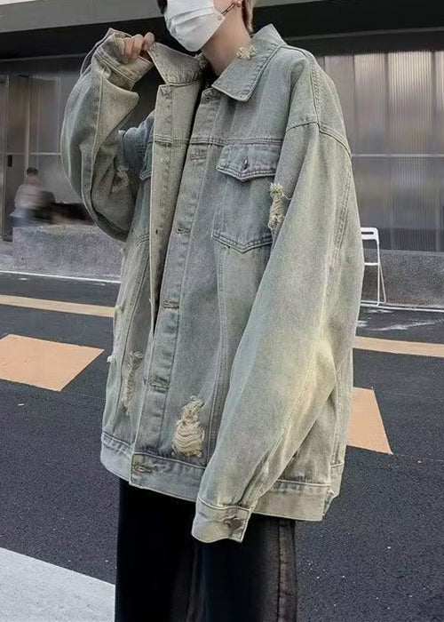 Mens Pan Collar Pockets Blue Denim Light Hole Coats Peter Loose