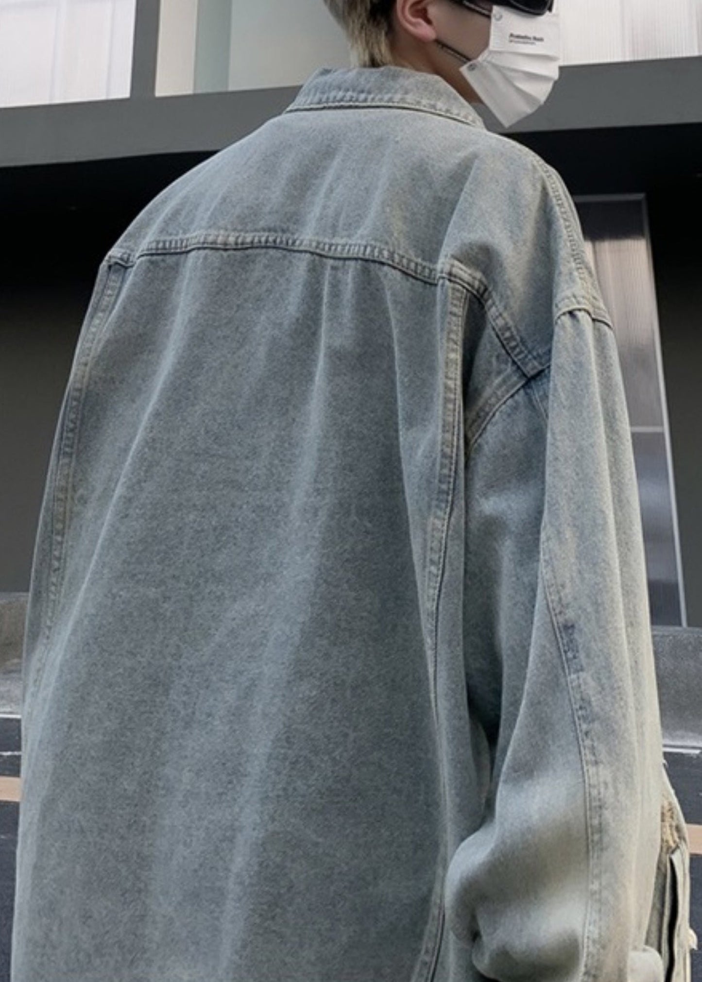 Mens Pan Collar Pockets Blue Denim Light Hole Coats Peter Loose