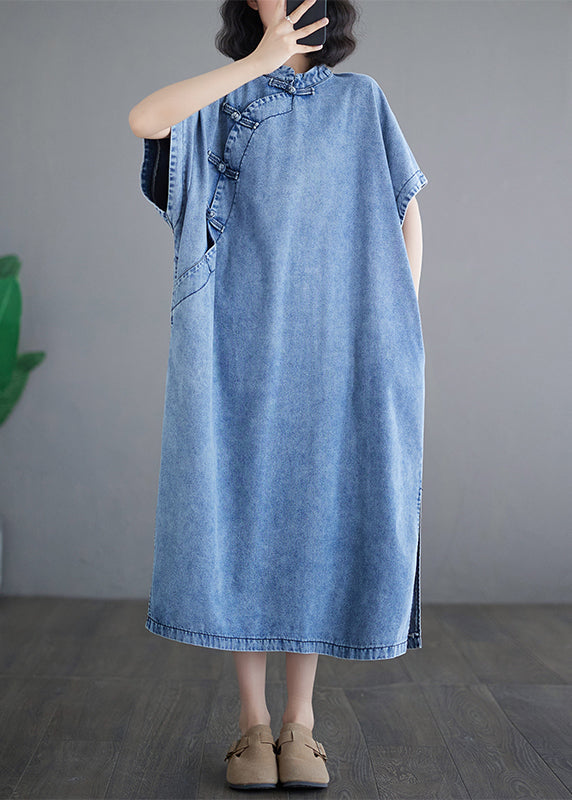 Blue Denim Collar Sleeve Maxi Dresses Loose Stand Short Light
