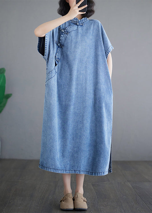 Blue Denim Collar Sleeve Maxi Dresses Loose Stand Short Light