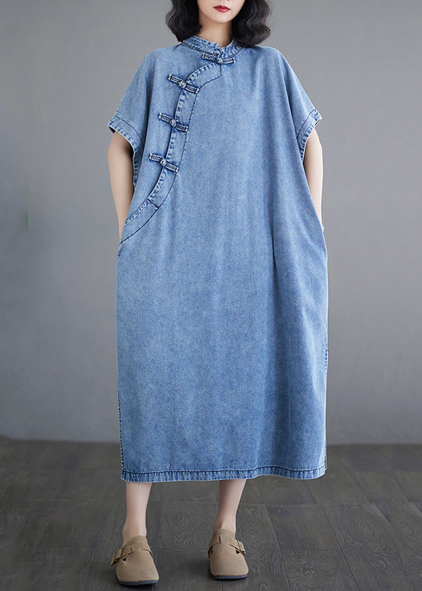 Blue Denim Collar Sleeve Maxi Dresses Loose Stand Short Light